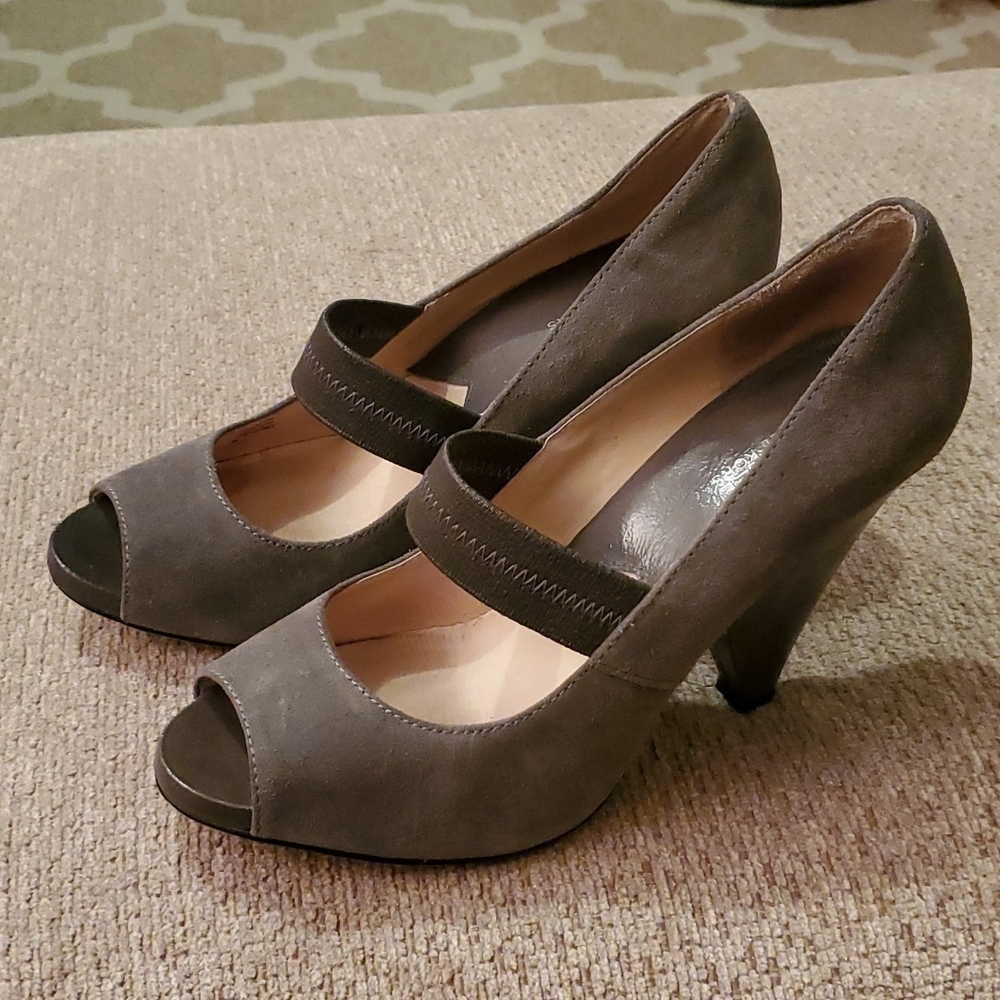 michael kors grey suede peep toe chunky heels